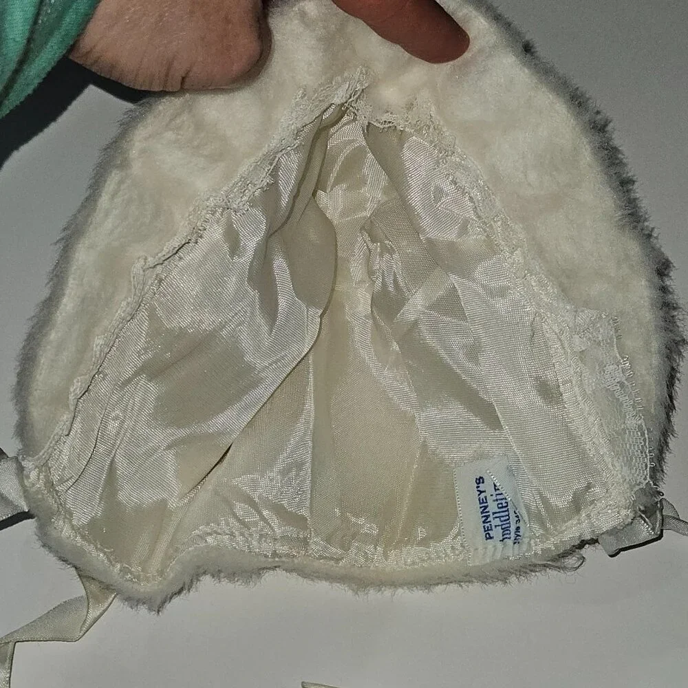 VTG Penney's Toddletime Baby Bonnet White Ivory SOFT Faux Fur? Satin Lace Trim